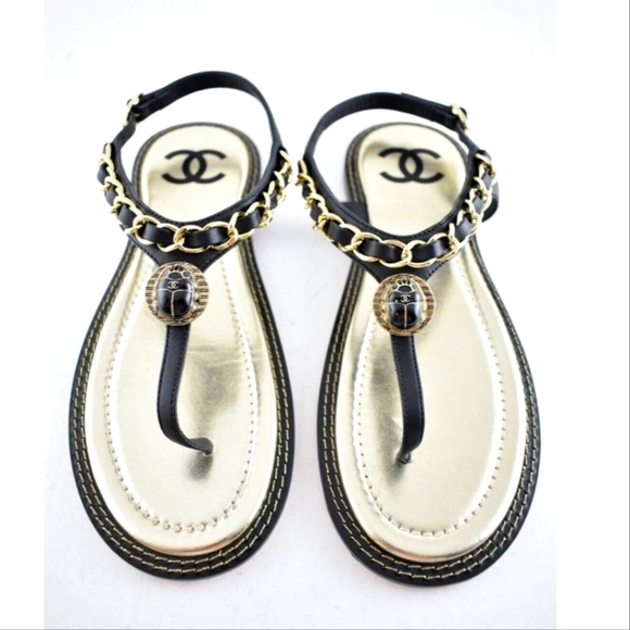 CHANEL Shoes - *SOLD* Chanel 19A Gold Chain Beetle CC Logo Black Thong Sandals - Size 40C